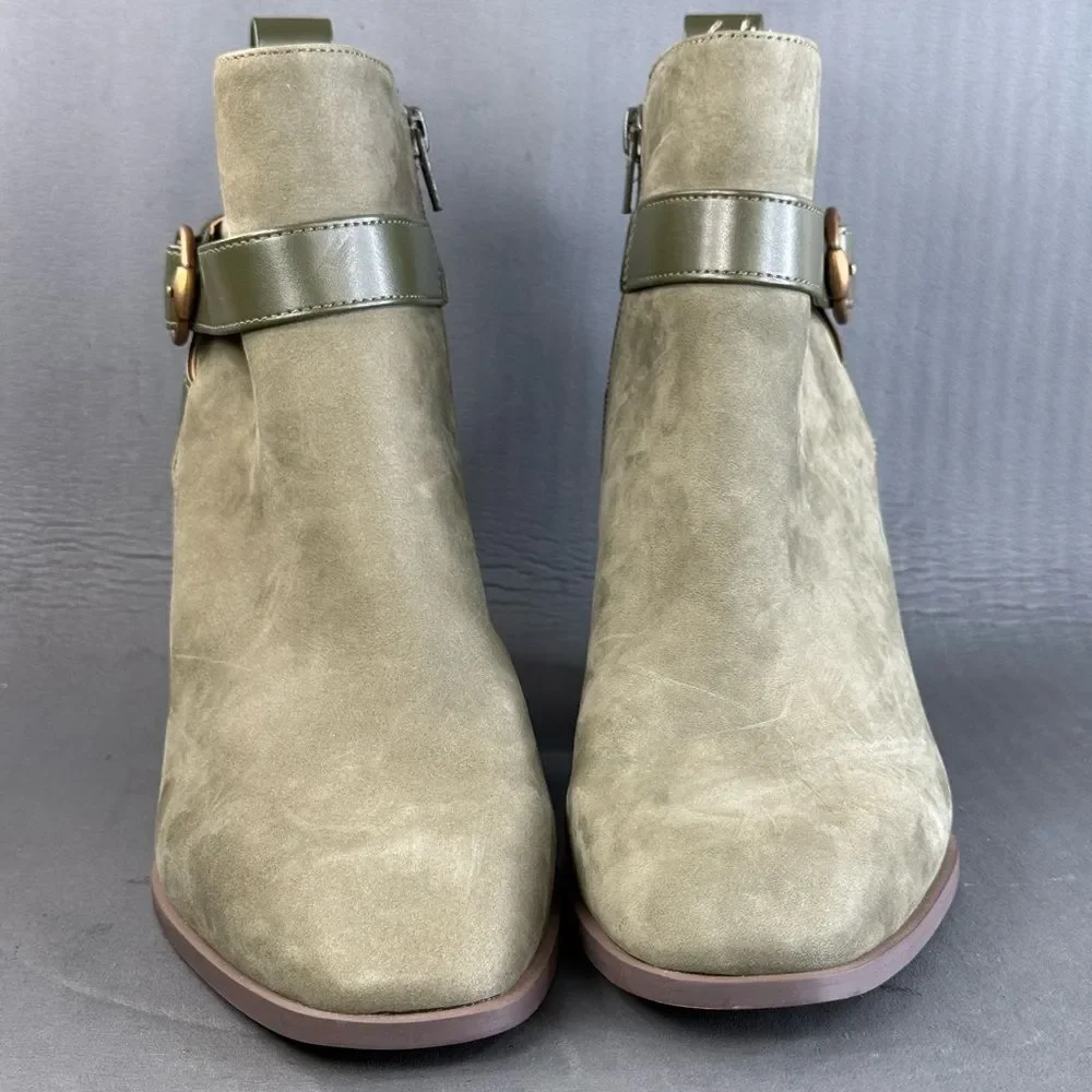 Vionic Tenley heeled zippered bootie olive green nubuck leather womens size 9.5